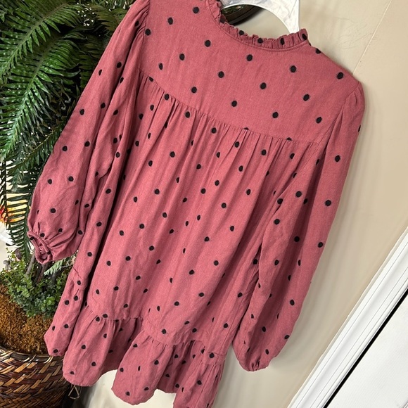 ZARA Mauve Polka Dot Long Balloon Sleeve Ruffle Smock Mini Dress Drop Waist - Picture 9 of 14